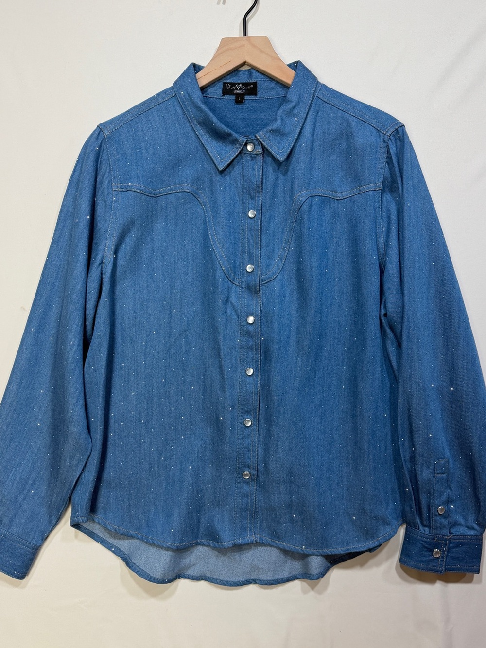 Velvet Heart Blue Denim Button-Down Shirt with Subtle Sparkle